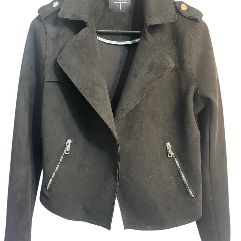 T Tahari Women’s Jacket Small Gray Long Sleeve Motorcycle Stretch Faux Leather